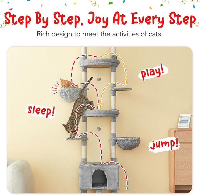 Cat Tree, Floor to Ceiling Cat Tower Adjustable Height [92.9-102.4 in=235-258cm], 7 Tiers Cat Climbing Play House with Scratching Post, Cozy Condo&Hammocks for Indoor Cats, Light Grey