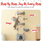 Cat Tree, Floor to Ceiling Cat Tower Adjustable Height [92.9-102.4 in=235-258cm], 7 Tiers Cat Climbing Play House with Scratching Post, Cozy Condo&Hammocks for Indoor Cats, Light Grey