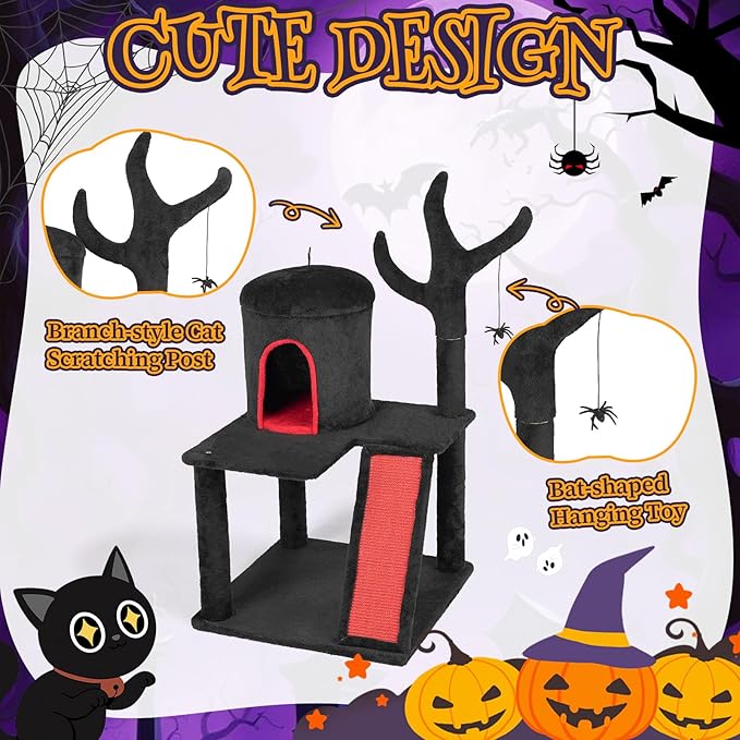 Outvita Gothic Cat Tree,42" Halloween Cat Tower Cat Tree with Spacious Cat Condo, Brach Shaped Scratching Post, Scratching Ladder, Spider Toy for Indoor Cats, Red & Black