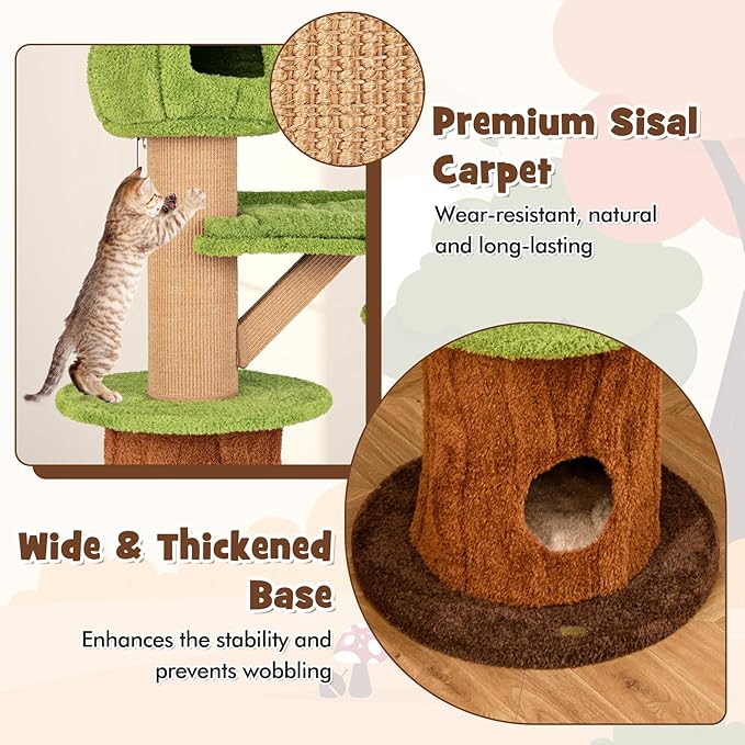 PETSITE 58 Inch Forest-Themed Cat Tree, Multi-Level Cat Tower with 2 Cute Condos, Plush Perch, Teasing Balls, Sisal Posts, Hidden Cave, and Removable Cushions, Modern Cute Cat Tree for Indoor Cats