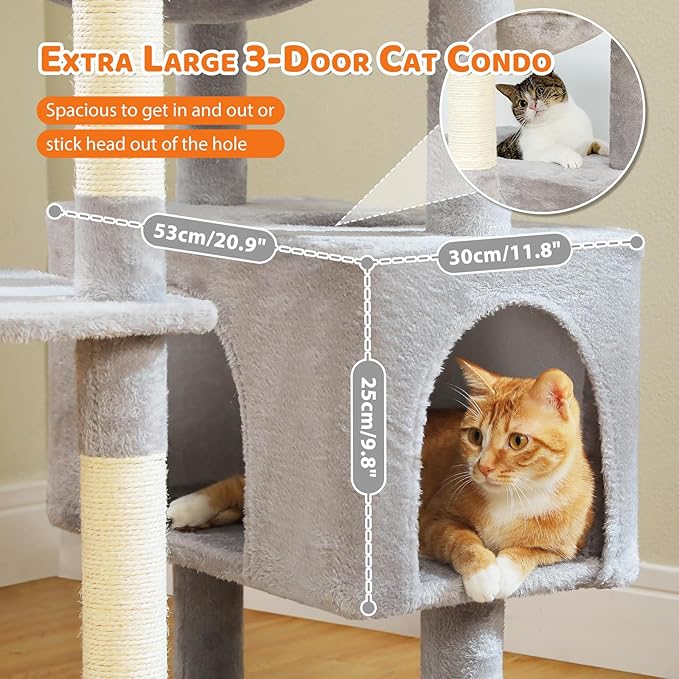 PAWZ Road Large 72 Inch Cat Tree and Tower for Indoor Cats - With Sisal-Covered Scratching Posts, Padded Perches, Condos, and Basket - Gray
