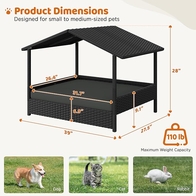 Yaheetech Wicker Dog House Outdoor Indoor with Canopy, Elevated Dog Shelter Dog Bed with Cushion for Small/Medium Dogs, Shade for Deck, Patio, Yard, Pool, Black House, Gray Cushion
