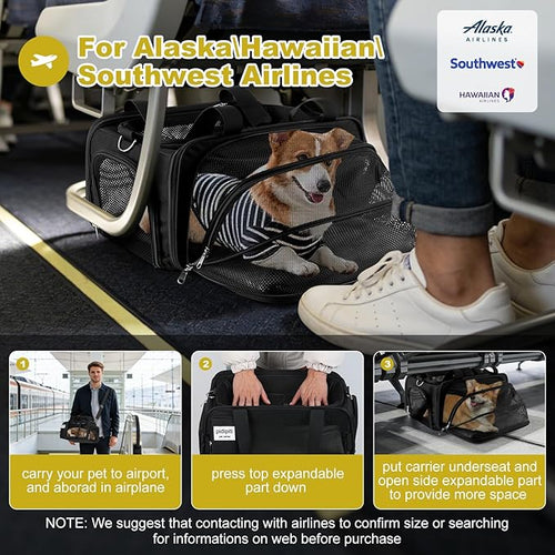 17x11x9.5 Alaska Hawaiian Southwest Airline Approved top and 1 Side Expandable pet Carrier for Extra-Small Dog/Small cat up to 5 lbs