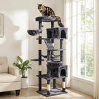74" Heavy Duty Cat Tree for Indoor Cats, Sturdy Cat Tower for Large Cats Adult, Big Cat Tree with 6 Sisal Scratching Posts, 2 Big Condos, 2 Dual-Ear Hanging Baskets, Enlarged Top Perch, Dark Grey