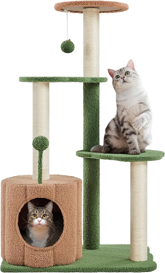 Yaheetech 42in Cactus Cat Tree, Green Cat Tree Tower w/Pumpkin Condo, Multi-Level Perches, 3 Scratching Posts, Teasing Ball for Indoor Kittens