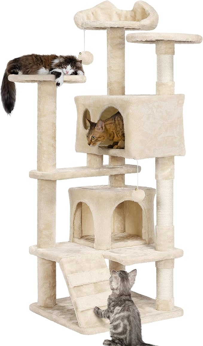 Yaheetech 54in Cat Tree, Multi-Level Cat Tower with Spacious Perch, 2 Cozy Caves, Scratching Posts, Climbing Ladder, 2 Plush Balls, Durable Pet House Furniture for Indoor Kittens, Beige