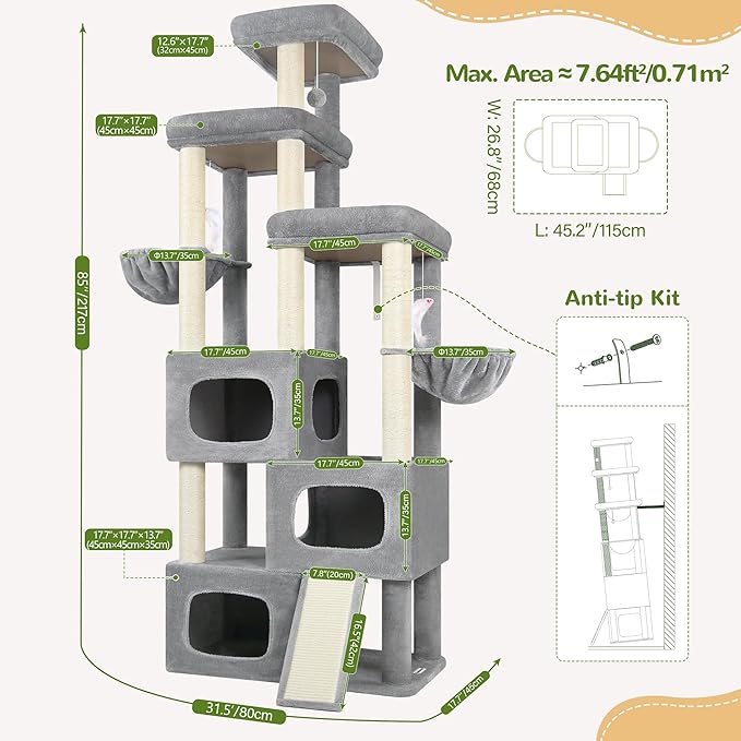 Globlazer 85 Inch Tall Cat Tree for Large Cats, Multi-Level Cat Tower for 4+ Cats with 3 Condos, 2 Hammocks & Sisal Posts, Heavy Duty Cat Tree Tower for Maine Coon, S85, Light Grey