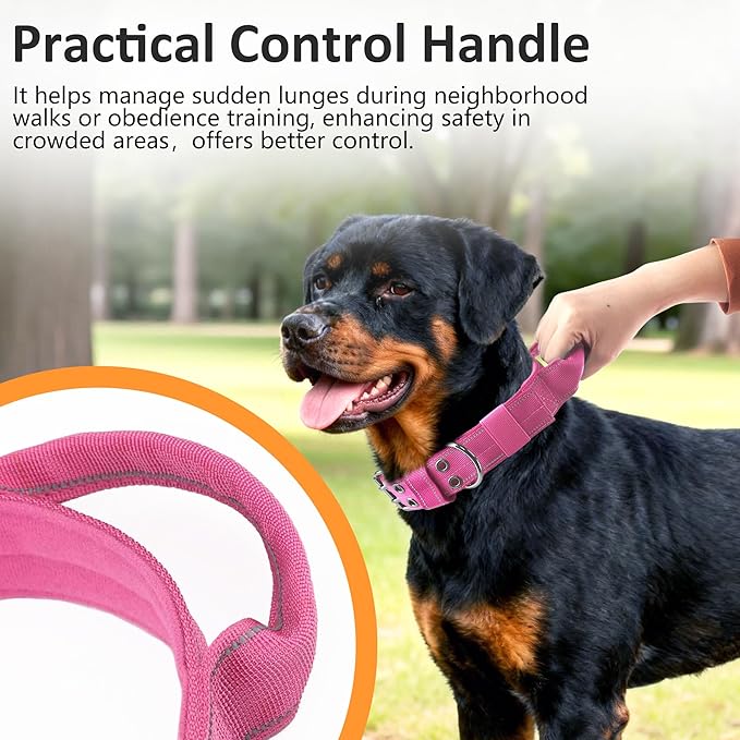 Tactical Dog Collar with Control Handle, Military Adjustable Pet Collar Reflective Heavy Metal Buckle Dog Collar, Soft Nylon Training Collar for Medium Large Dogs (Rose Red, Medium)