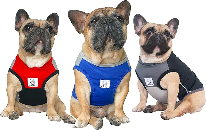 iChoue 3pcs French Bulldog Summer Cooling Shirt for Dogs UV Sun Protection Vest Sleeveless Breathable Tank Top English Pug Black Blue Red Grey - Large