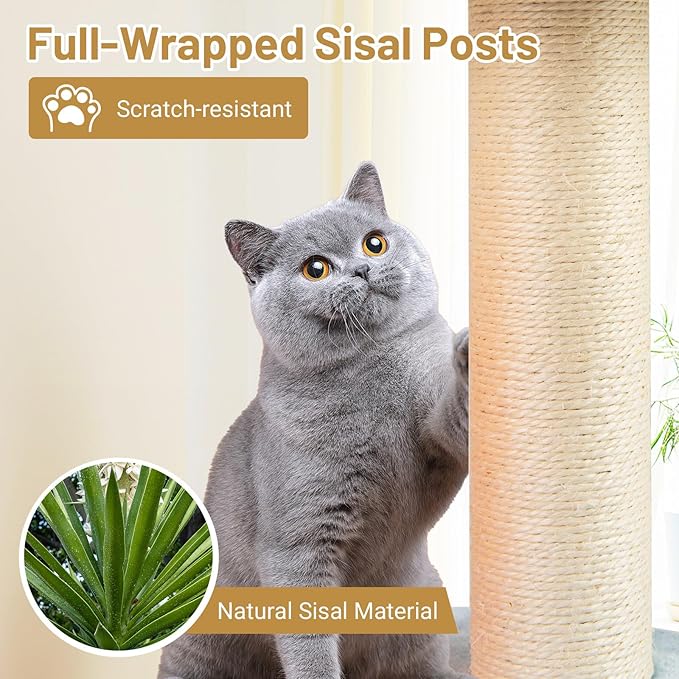 PETSITE 44 Inch Modern Cat Tree, Multi-Level Cat Tower with Sisal Scratching Posts, Space Capsule, and Dangling Toy with Bell, Wooden Cat Tree Tower for Indoor Cats, Grey