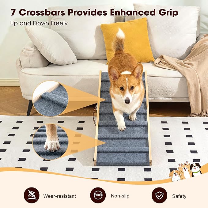 Dog Ramp for Bed, 43.3" Long Wooden Pet Ramp for Small & Large Dogs, 4 Adjustable Heights 12.6" to 24" with Anti-Slip Carpet & Carrying Handle Holds, Portable Dog ramps for Car, Bed, Couch, Outdoo
