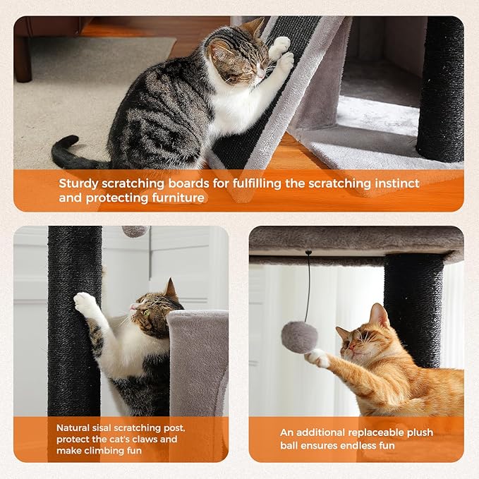 Cat Tree for Large Cats, 45" Heavy Duty Cat Tower with Dual Condos, 3 Thick Full Wrapped Sisal Scratching Posts(φ4.3), Spacious Padded Top Perch, Scratching Ramp and Toy Ball