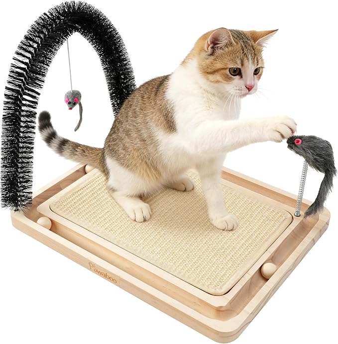 Pawaboo Sisal Cat Scratcher Toy, 16.93"×12.99"×12.20" Cat Scratcher Toy with Ball Track, Wooden Interactive Toys for Indoor Cats Scratch Pad, Cats Chasing Hunting Physical Exercise Toys