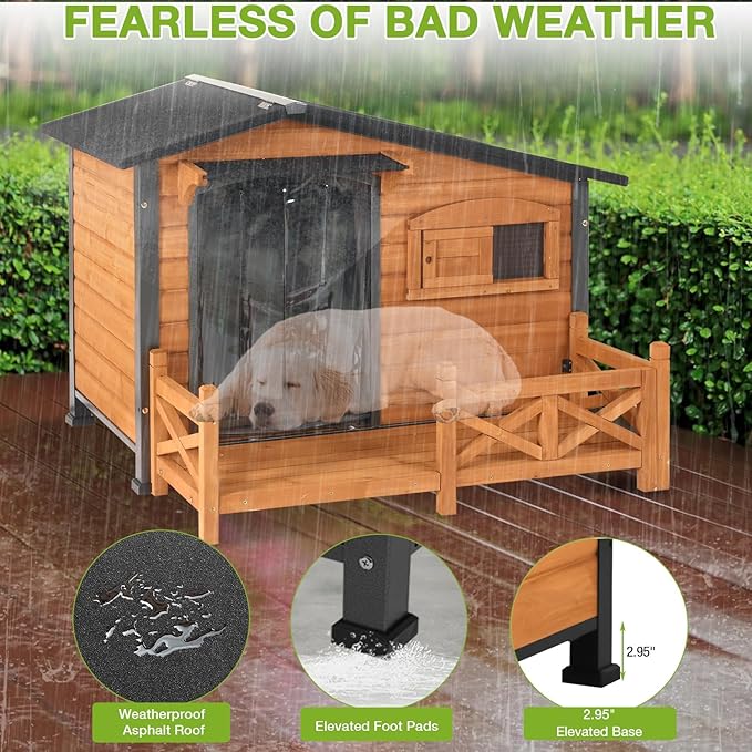 Dog House Outdoor with Porch Weatherproof Dog Kennel with Anti-Chewing Iron Frame Dog Shelter for Small Medium Dogs(Brown)