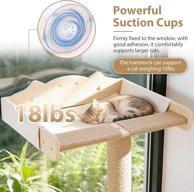 Cat Window Hammock 48" Adjustable Scratching Posts, Multi-Level Window Mounted Cat Tree with Natural Sisal and Track Toys for Large Cats, Climbing, Sunbathing & Bird Watching (Drill-Free)