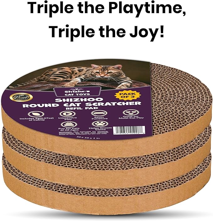 Scratch and Spin Cat Scratcher Replacement Pads for Active Play, Natural Recycled Corrugated Cardboard, Supports Pet Behaviors, Relieves Stress - 3 Count