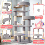 Allewie 55.5 in Cat Tree for Indoor Kitties/Soft Plush Perches/Multi-Level Cat Tower/Sisal Scratching Posts/Crescent Plates/Round Jumping Board/Hanging Ball/Pet Activity Center/Grey