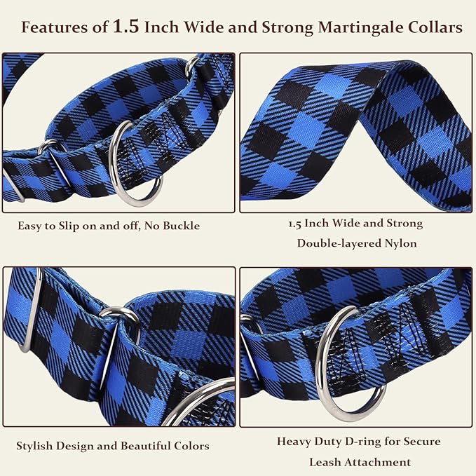 1.5 Inches Martingale Collar for X-Large Dogs,with Special Blue Plaid Design, Adjustable Premium No Slip Collar for Girl Boy Dogs(Blue Plaid XL)