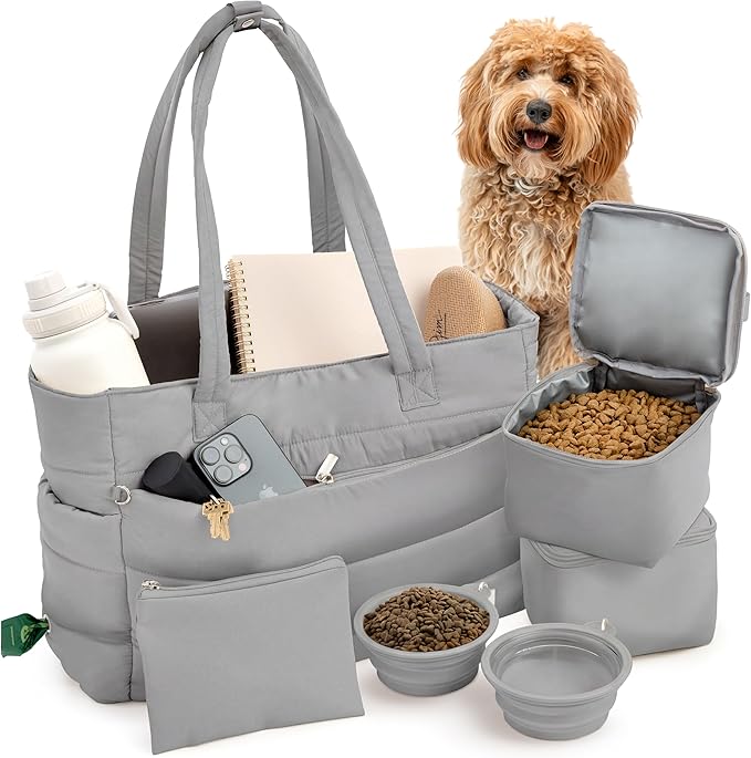 rubyloo Puffer Dog Travel Bag for Dog Moms – Doggy Diaper Bag with Pet Bowls & Food Storage or Everyday Puffy Tote – Doggy Mom Gifts for Women – Lightweight, Travel-Ready Gift for Pet Lovers - Grey