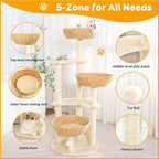 Modern Cat Tree Tower,Three Hand-Woven cat beds, Sisal-Covered Scratching Posts for Indoor Cats, Multi-Level Cat Condo with Space Capsule Nest, Tall Cat Tree for Multiple Large Cats
