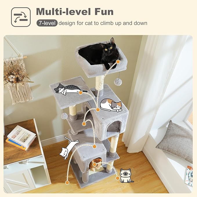 PEQULTI 62" Cat Tree for Indoor Cats, Multi-Level Cat Tower with Cozy Cat Condo Clearance Prime, Grey