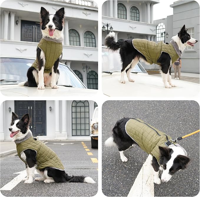 Warm Fleece Dog Coats with Durable Harness Buitl in D-Ring,Waterproof Doggie Jacket for Medium Dogs,Dog Vest for Cold Winter,Green XL