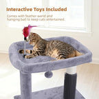 Cat Tree with Self-Grooming Brush and Interactive Toys, Cat Tree Tower for Indoor Cats, Cat Tower with Sisal Scratching Post and Scratching Pads, Cat Condo with Padded Perch, Grey