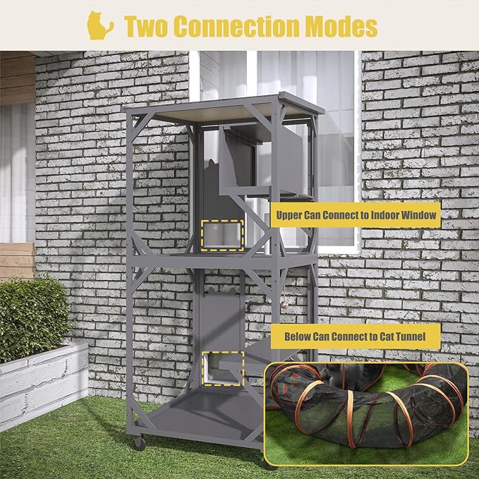ROOMTEC Catio Outdoor Enclosure With Roof 71" Height Wooden House Large Cage With 3 Jumping Platforms and 1 Napping House for Cat Activity (Grey)