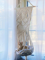 KARCEEY Macrame Cat Hammock Hanging Bed - Boho Wall Swing with Catnip Cushion for Wall Climber & Window Perch - Hardware Kit Included