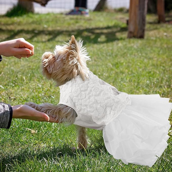 ASENKU Dog Dress, Dog Wedding Dress, Pet Lace Princess Dress with Bows for Wedding Birthday Party, Puppy Formal Apparel with Pearl Necklace for Medium Large Dogs (White, Large)