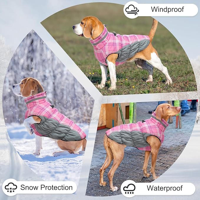 BEAUTYZOO Dog Winter Coat with Harness Built in, Reflective Plaid Puffer Vest Waterproof for X-Large Dogs, Fleece Warm Puppy Zipped Jacket with D Ring, Pet Cold Weather Sweater Clothes, Pink XL
