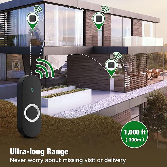 AIDA Lighted Wireless Doorbell, Home Waterproof Doorbell 1,000ft Range, 5 Volume Levels with 58 Doorbell Chimes & LED Flash (Black, Doorbell with 2 transmitters & 2 Receivers)