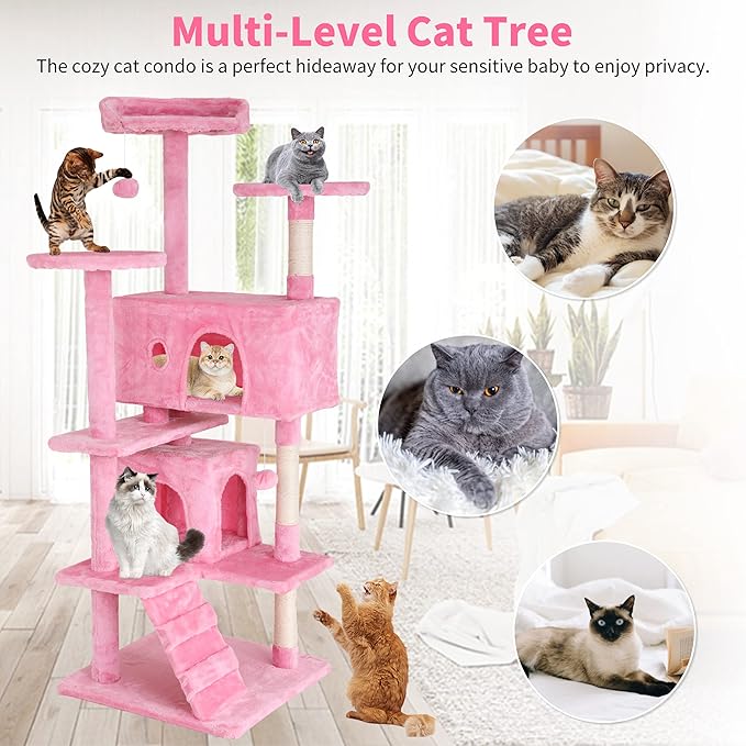 BLKMTY Cat Tree 70" Tall Cats Tower Large Cat Condo Climber Cats Climbing Stand with Top Perches Playhouse and Climbing Ladder Kitty Activity Tree w/Scratching Post Toys, Pink