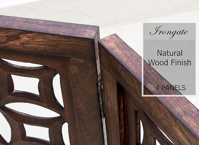 Wooden Foldable Pet Dog Safety Gate -4 Panels 20"Wx24"H- Hand Carved Solid Wood And MDF - Free Standing Portable Indoor Doorway Hall Stairs Dog Puppy Fence - Fully Assembled - Antique Brown -IRONGATE