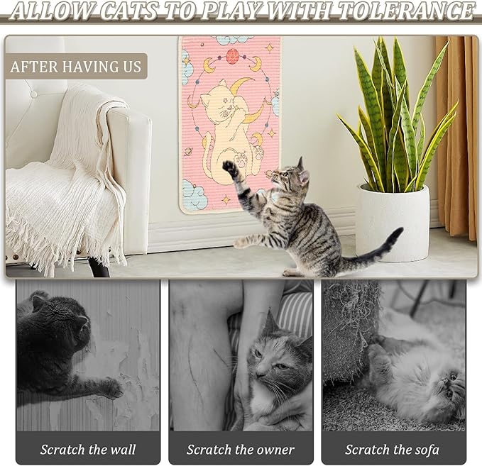 Sisal Cat Scratcher Mat, Durable and Shedding Resistant Cat Scratching Pad with Pattern, 19.69x13.78 Inch Anti Scratch Furniture Protector for Wall Couch Carpet (Pink)