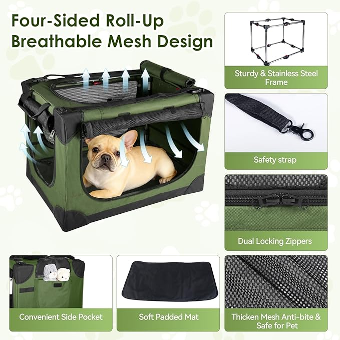 Soft Small Dog Crate - 24 inch Portable Travel Puppy Crate for Small Pets or 2 Cats, Collapsible Pet Carrier with 4 Mesh Doors, Car Kennel for Dogs with Handle for Indoor and Outdoor, Green