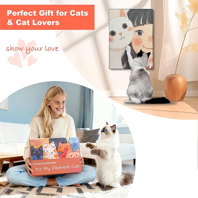 Art Cat Scratching Pad,Wall Scratcher for Indoor Cats - 16.54x11.81x1.18 Inches, Double-Sided Use, Cat Cardboard Scratcher Fits All Breeds & Sizes, Easy to Install,Cat Gifts