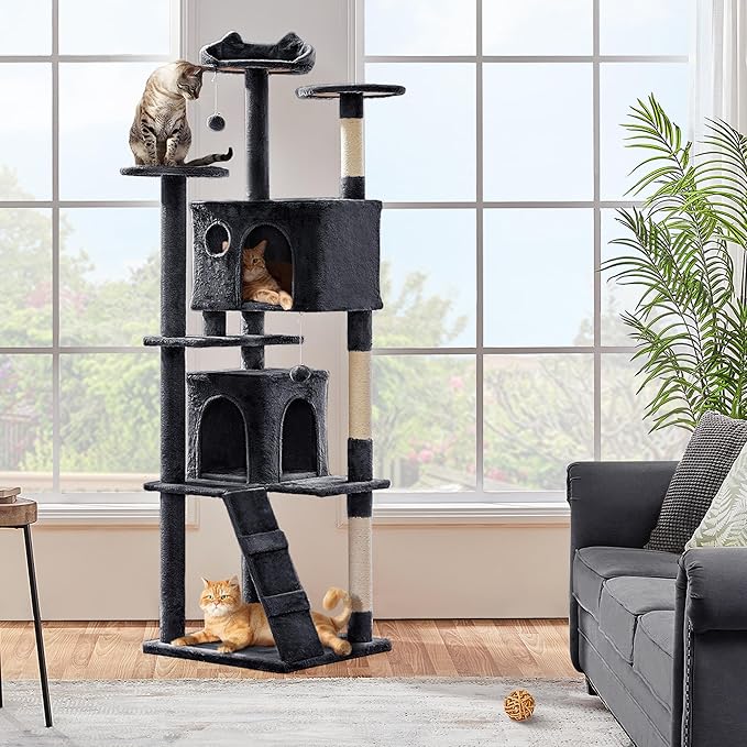 Topeakmart Cat Tree, 80-Inch Cat Tower for Indoor Cats, Cat Condo with Scratching Posts, Padded Perches and Ladder, Cat Stand House Furniture, Black