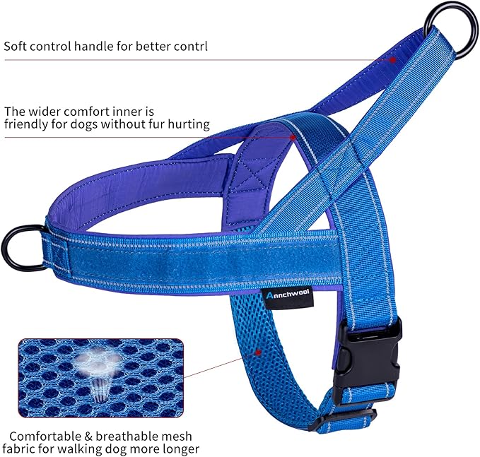 Annchwool No Pull Dog Harness with Soft Padded Handle,Reflective Strip Escape Proof and Quick Fit to Adjust Dog Harness,Easy for Training Walking for Small & Medium and Large Dogs(Blue,XL)
