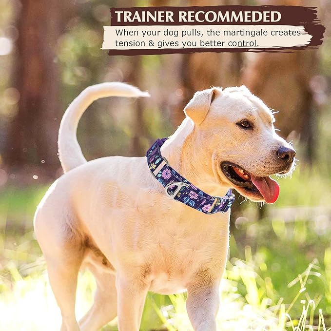 Heavy Duty Martingale Collar for Dogs - Reflective Nylon with Quick Release Buckle & Purple Flowers Design - No Slip Choke Collar for Training, Walking & Nighttime Safety S