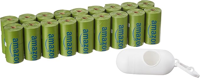 Amazon Basics Premium Leak Proof Dog Poop Bags with Dispenser and Leash Clip, Talcum Powder Scented, 13" x 9", 270 Count (18 Rolls of 15)