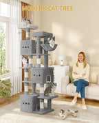 76" Cat Tree, Large Cat Tower for Indoor Cats, Multi-Level Cats House Furniture with 2 Platforms, 3 Condos, 7 Scratching Posts, 1 Basket, 3 Caves, Pompoms, Light Grey MS19218LG