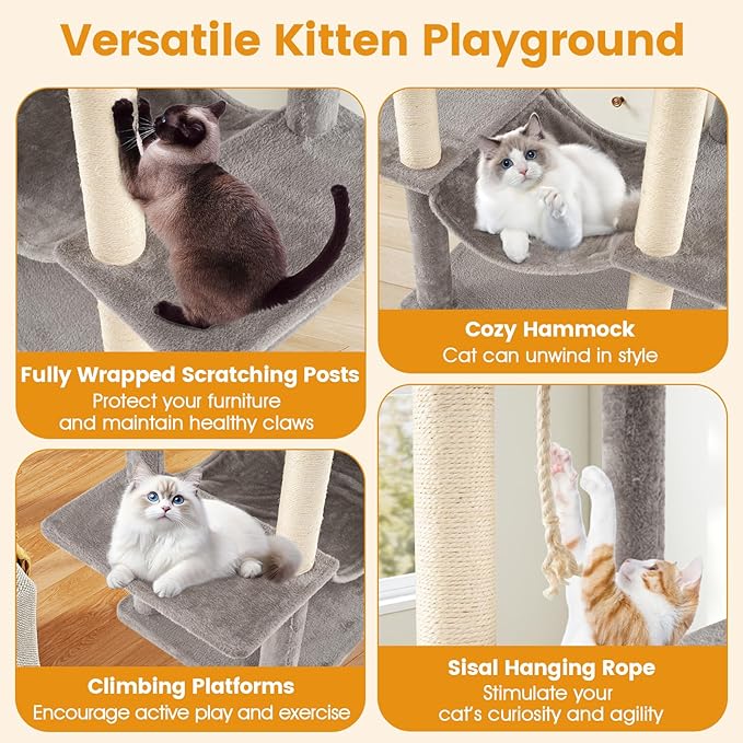 PETSITE 81 Inches Tall Modern Cat Tree, Multi-Level Cat Tower with Sisal Scratching Posts, 2 Private Condos, 2 Hanging Jingling Ball, Hanging Sisal Rope, 2 Top Perches, and Multiple Jumping Platforms