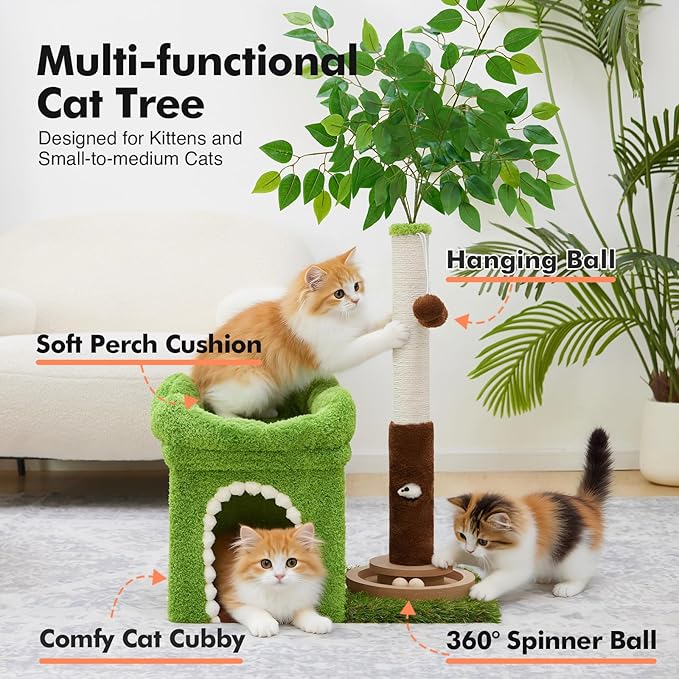 Small Cat Tree with Scratching Post and Ball Track, Green Cat Tower with Lifelike Leaves for Kittens and Small Cats, 2-Door Cat Condo and Interactive Cat Toys for Indoor Cats