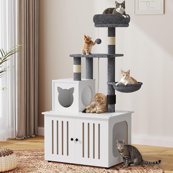 YITAHOME Cat Tree with Litter Box Enclosure, 2-in-1 Cat Furniture, Modern Cat Condo with Cat House, Perch, Food Station, Hammocks, Scratch Post, Hair Brush, 53.5 Inch, White