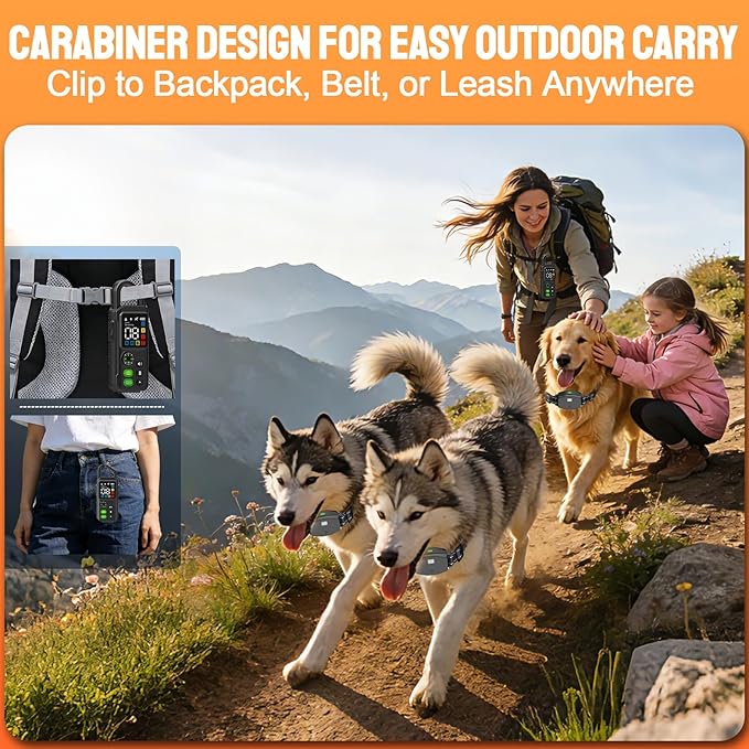 2-in-1 Dog Training Collar & Bark Collar, Safety Lock Remote, Adjustable Beep,Vibration & Shock,990ft Range, IPX7 Waterproof Dog Collar for 3 Dogs,Medium & Large,LED Light,Compass & Carabiner-1 Collar