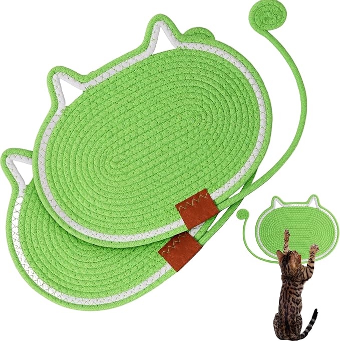 Cat Scratcher Mat Natural Cotton Rope Oval Horizontal Floor Cat Scratch Bed Pad with Ball Toy Protector for Furniture Floor Wall (Green, 2 PC)