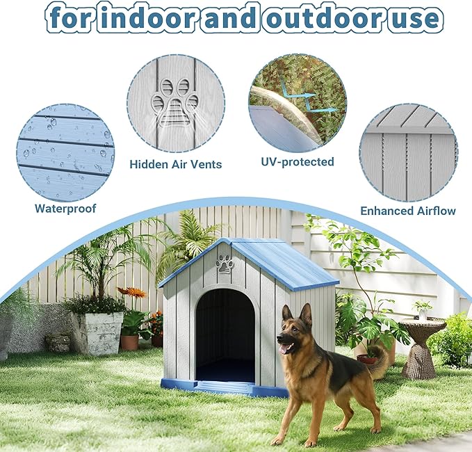Large Dog House Outdoor Weatherproof，Waterproof Resin Outside Dog House with Elevated Floor and Air Vents, Durable Doghouse for Samll Medium Large Dogs (Light Blue, 38.62"L×36.26"W×38.07"H)