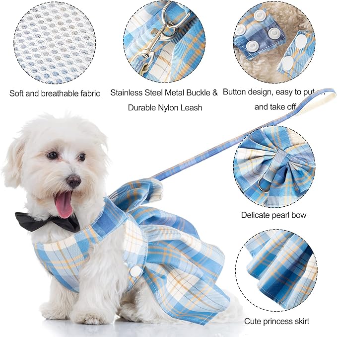 4 Pcs Cute Plaid Dog Dress Set with Bow Tie Harness & Leash for Small Dogs, Puppy Clothes for Girls Outfits(Xs,Dark Color)