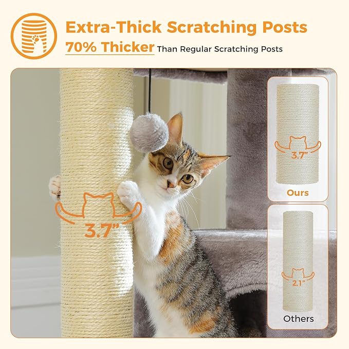 Large Cat Tree for Indoor Cats Large Adult, 57.8" Heavy Duty Cat Tower with 4 Reinforced Scratching Posts (φ3.7in) and Plush Larger Hammock for Maine Coon & Big Cats, Supports 30lbs, Grey